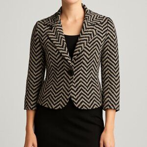 Trina Turk Black &‎ White Chevron Wool Blend Cropped Blazer